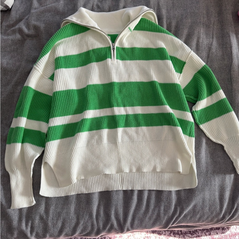 Aerie Green and White Oversized Striped Women's Sweater